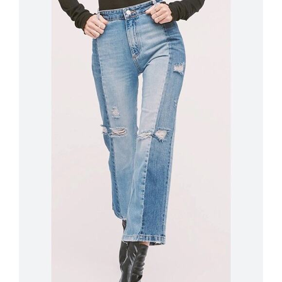Free People Two Tone The Patchwork High Waist Distressed Jeans Woman’s Size 28 - Picture 2 of 11